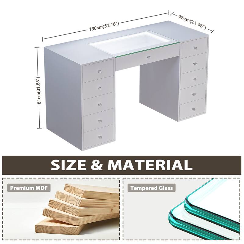 51.2" Vanity Desk with RGB LED Light Strip, Glass Top Vanity with 11 Drawers, Large Dressing Table with 6 Color Lighting Modes