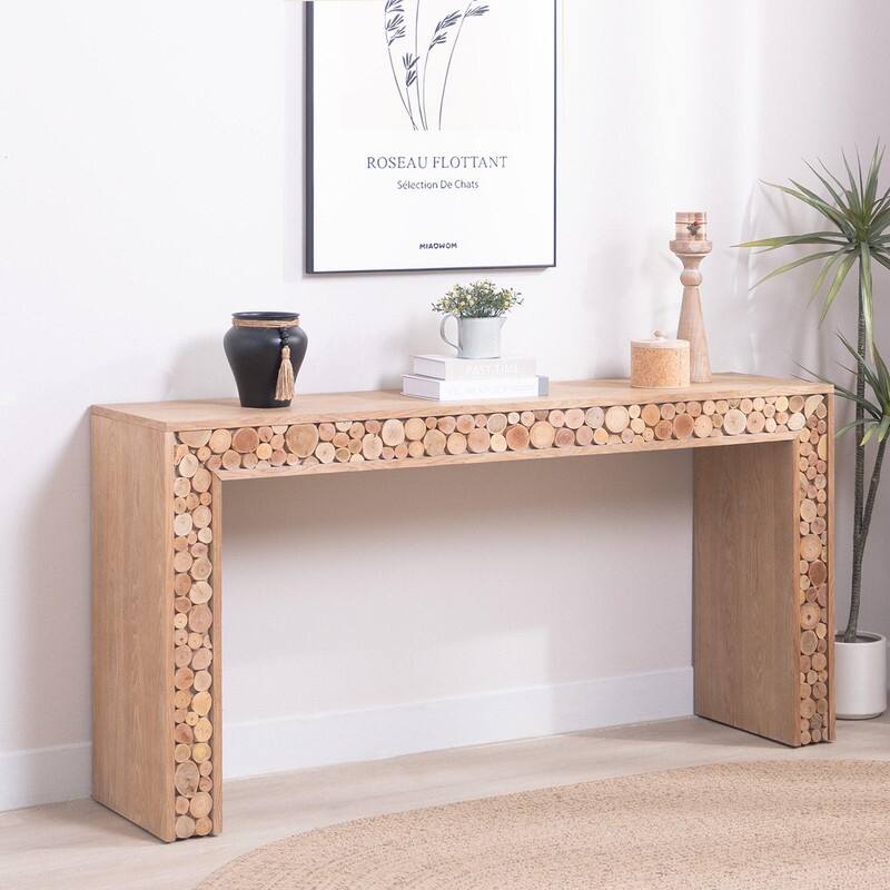 Rustic Wood Console Table with Natural Log Accents for Entryway or Hallway Display and Organization