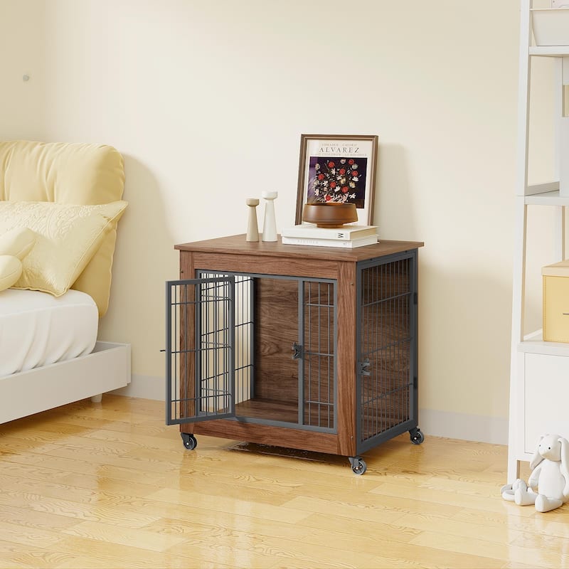 27.2" Dog Crate Furniture with Wheels for Small Dogs, Heavy Duty Dog Kennel Indoor with 2 Doors, Double-Doors Sturdy Dog Cage