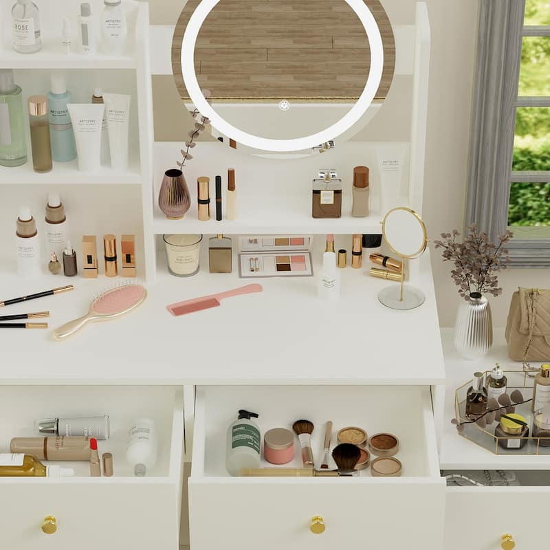 White Makeup Vanity Desk Set with LED Makeup Vanity Round Mirror & 3 Color Options, Dressing Table & Stool Set