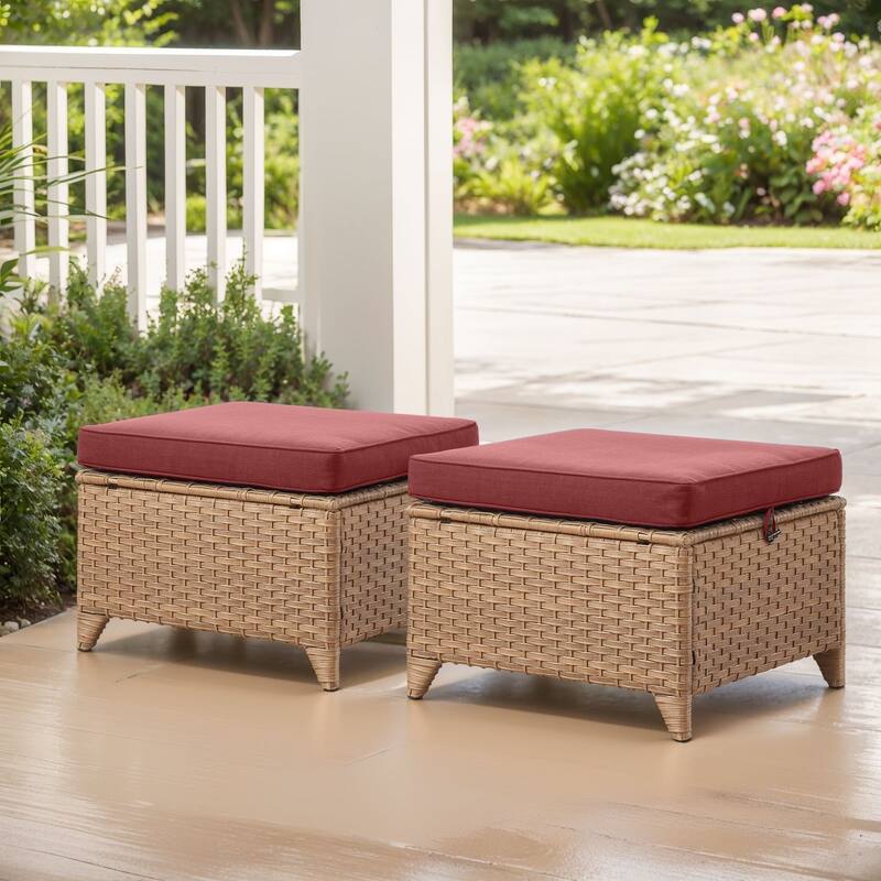 2 Wicker Ottomans Multipurpose Outdoor Footrest - Yellow - Red