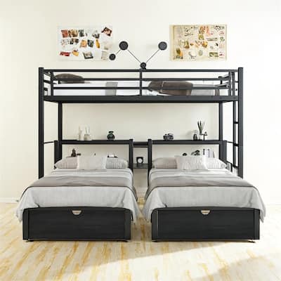 Full XL Over Twin & Twin Triple Bunk Bed with Drawers,Metal Frame Bed