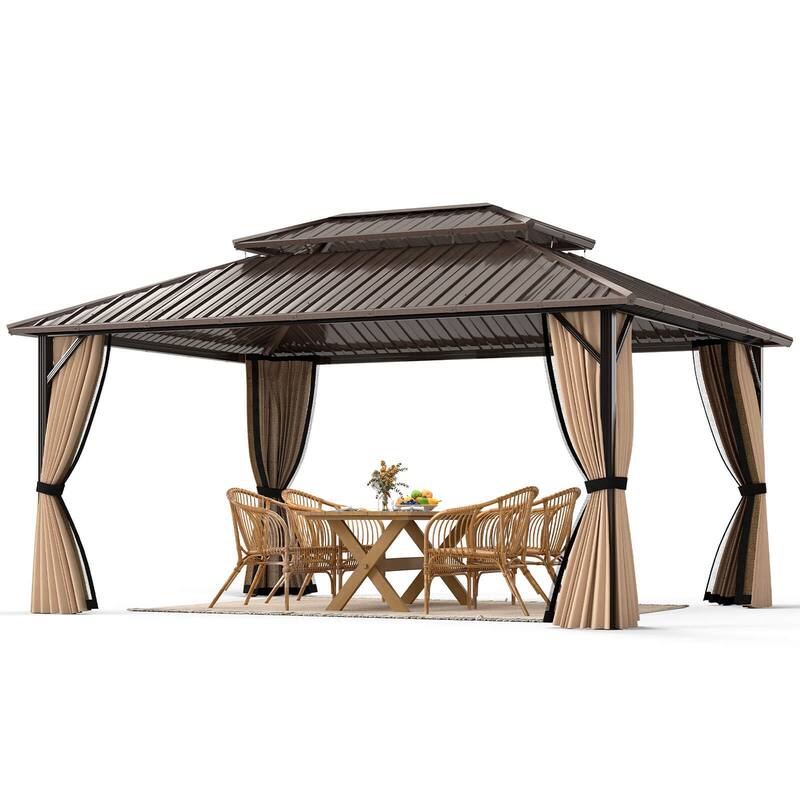Costway 16 x 12 FT Hardtop Gazebo with Netting Heavy-Duty Double-Roof - Coffee - See Details - Coffee - See Details