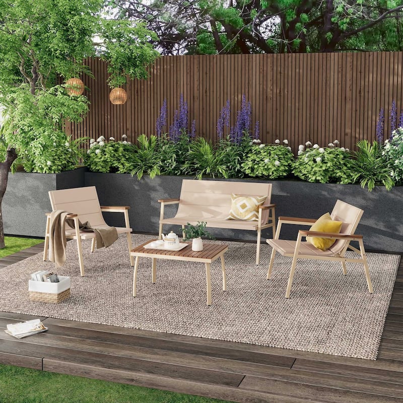 Outdoor Patio Furniture Set 4 Pieces Patio Conversation Sets with Padded Suspended Cushion for Lawn Backyard Balcony, Beige