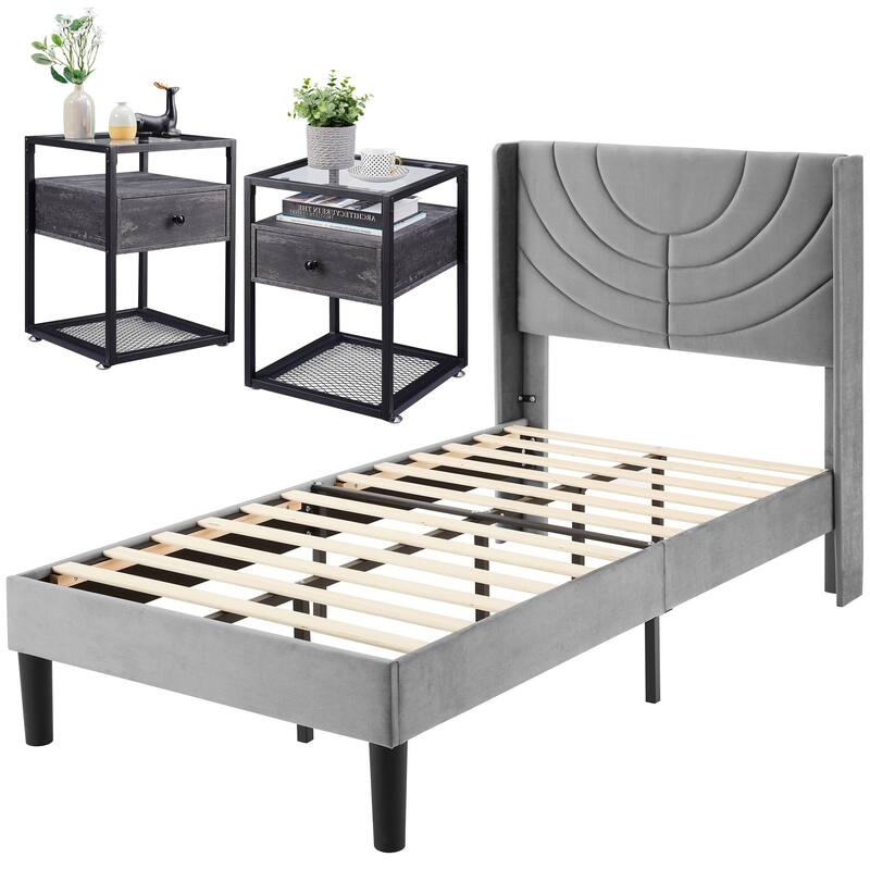 Bedroom Sets, 3-pieces Bedroom Set with Height Adjustable Upholstered Bed and Nightstands Set of 2-VECELO, 15 Style Options