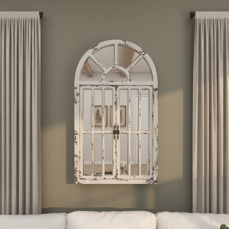 Wood Window Pane Inspired 2 Door Room Wall Mirror with Arched Top and Distressing - White - Roche River Decor