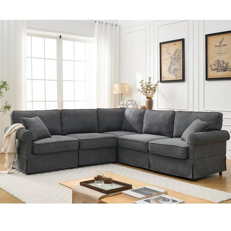 Modular Sectional Sofa, Convertible L-Shaped Upholstered Couch with Rolled Arms, Classic Reversible Corner Sofa for Living Room