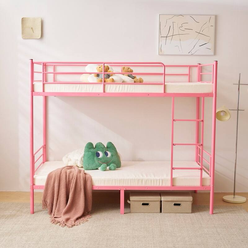 Iron Bed Bunk Bed with Ladder for Kids Twin Size White