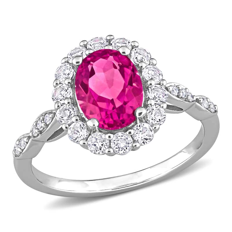 Miadora Oval-cut Pink and White Topaz with Diamond Accent Halo Cocktail Ring in 10k White Gold