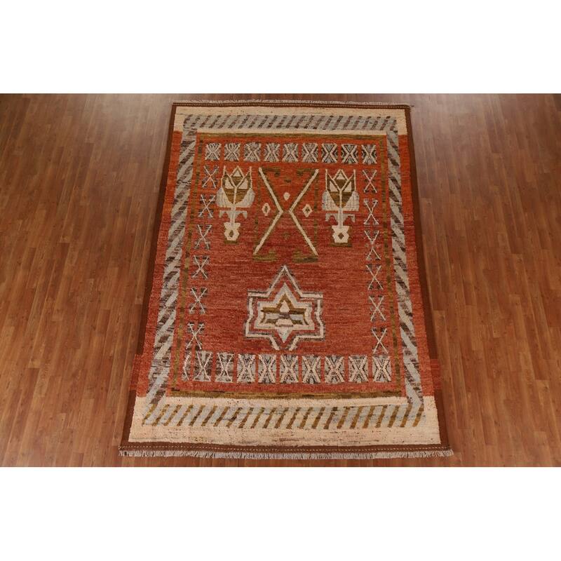 Hand Knotted Oriental 100% Wool Carpet Modern Tribal Oranges & Rust Moroccan Area Rug - 10' 0'' X 7' 1''