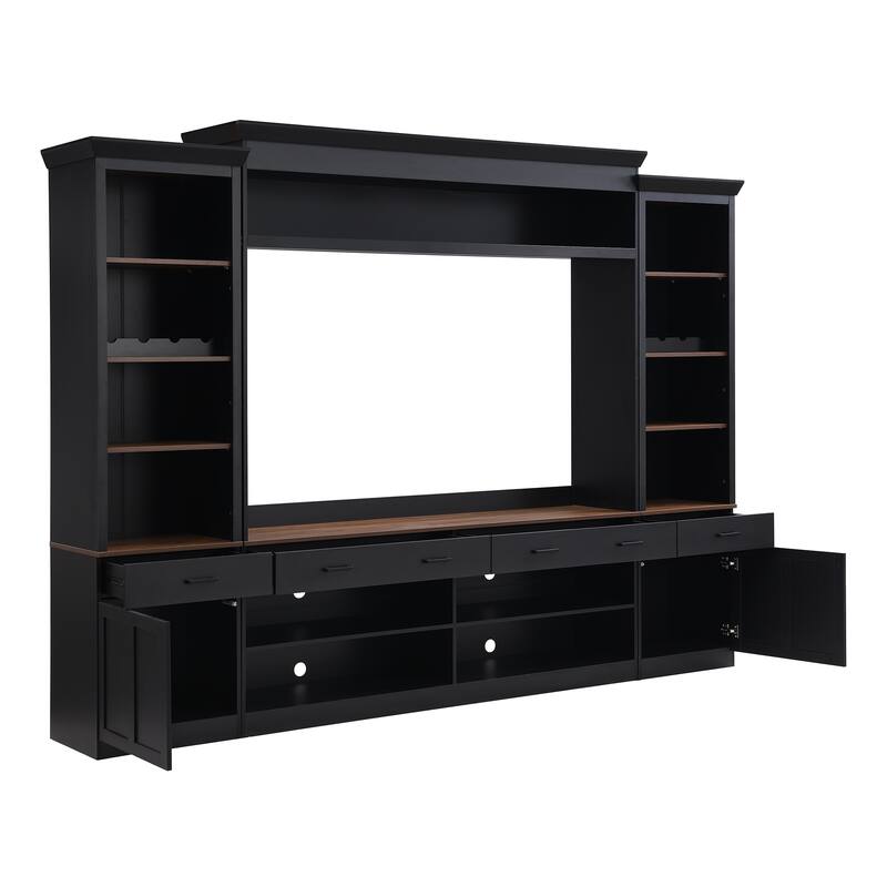 108.2" Media Wall Unit with Two Tone Walnut and Black Finish with Wine Racks