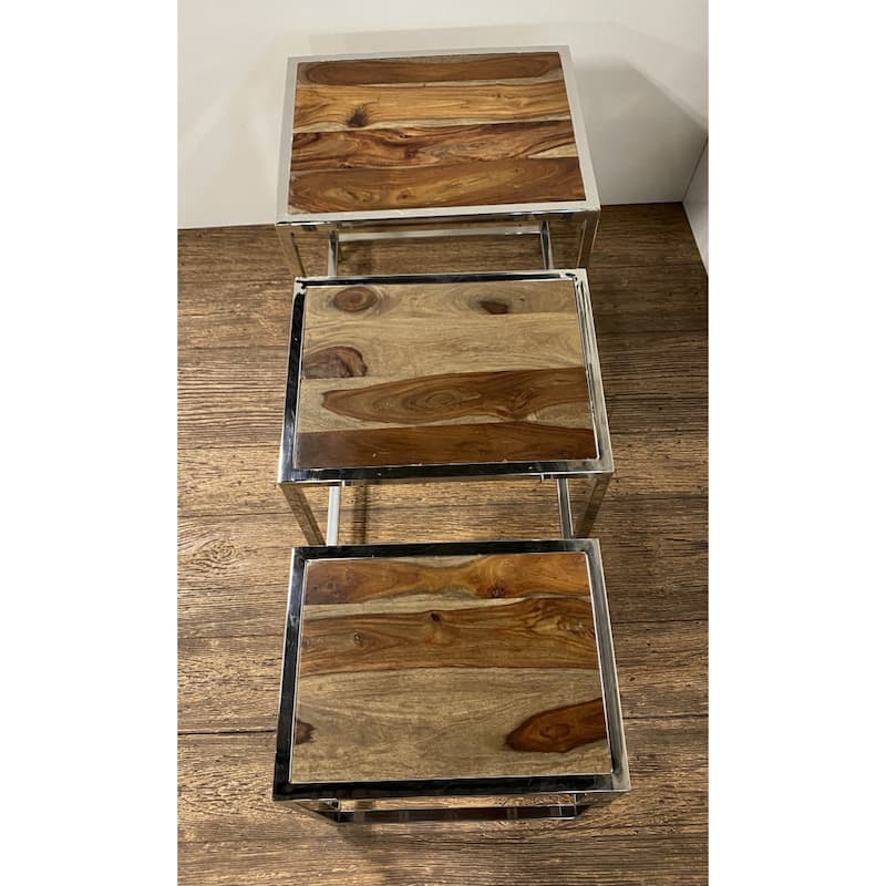 Modern Silver Nesting Tables Set of 3 Brown Wood Top and Stainless-Steel Frame for Living Room - 20"L x 16"W x 20.5"H
