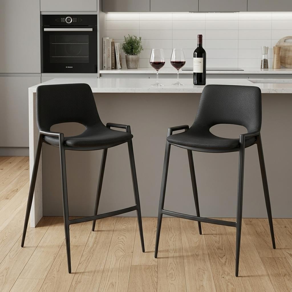 HomeRoots Set of Two 26" Black Faux Leather And Steel Low Back Counter Height Bar Chairs
