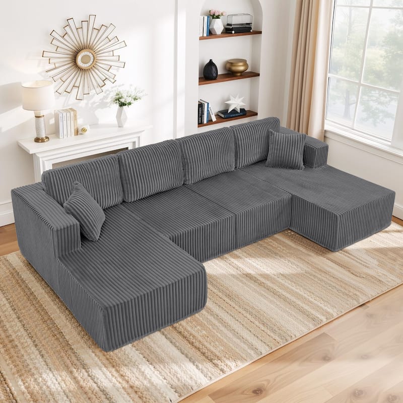 U-Shaped Modular Sectional Sofa with Dual Chaise Lounges, Oversized Corduroy Boneless Couch, Compressed Sofa with Pillows