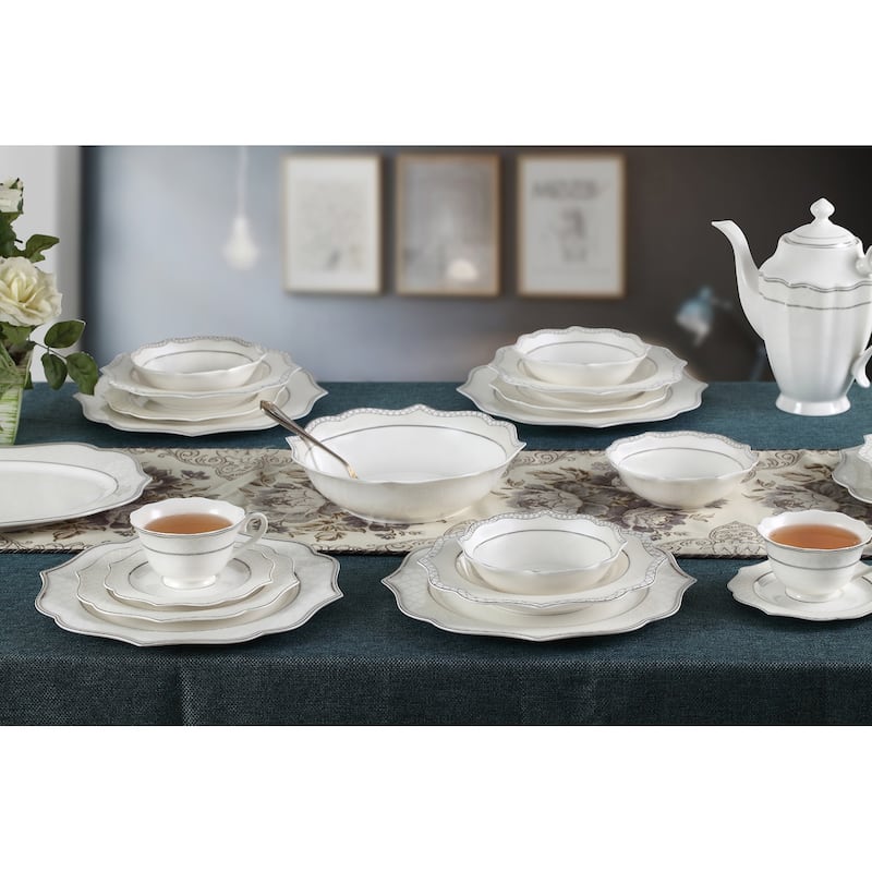 Lorren Home Trends 57 Piece Wavy Silver Mix and Match Bone China Service for 8