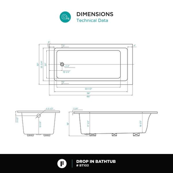 dimension image slide 4 of 5, Fine Fixtures Drop In Soaking Bathtub Fiberglass Acrylic Material