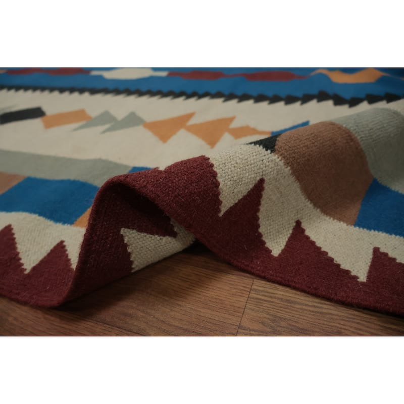 Hand Woven Oriental 100% Wool Carpet Southwestern Tribal Beige & Ivories Kilim Area Rug - 12' 3'' X 5' 5''