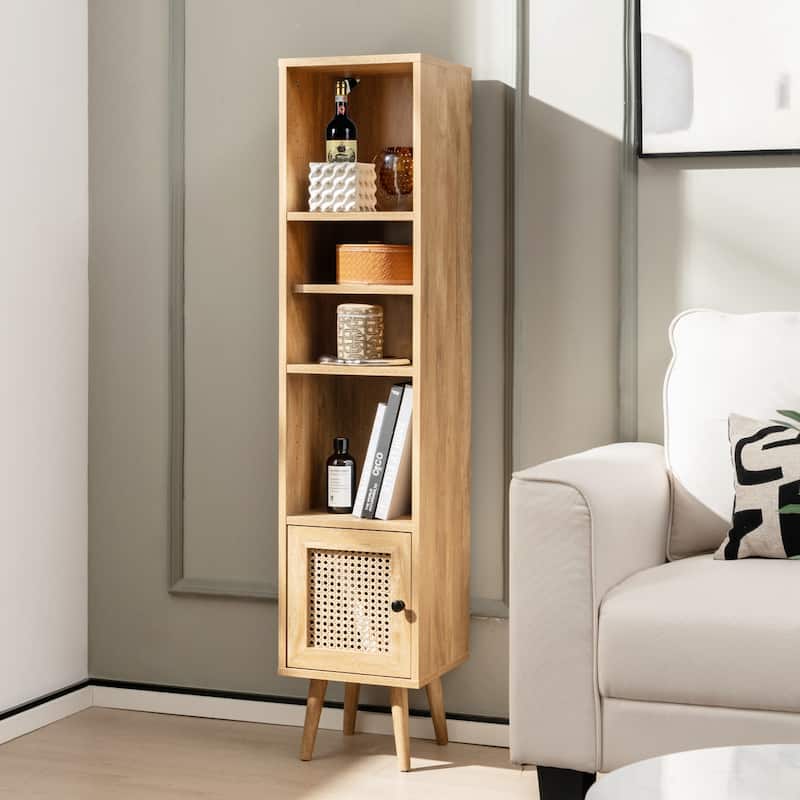 Rattan Storage Cabinet Freestanding Slim Organizer Wood Display Rack
