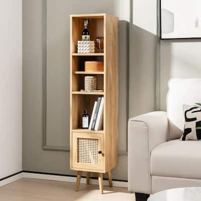 Rattan Storage Cabinet Freestanding Slim Organizer Wood Display Rack