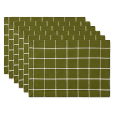 Windowpane Plaid Cotton Placemats - 19" - Moss Green and White - Set of 6