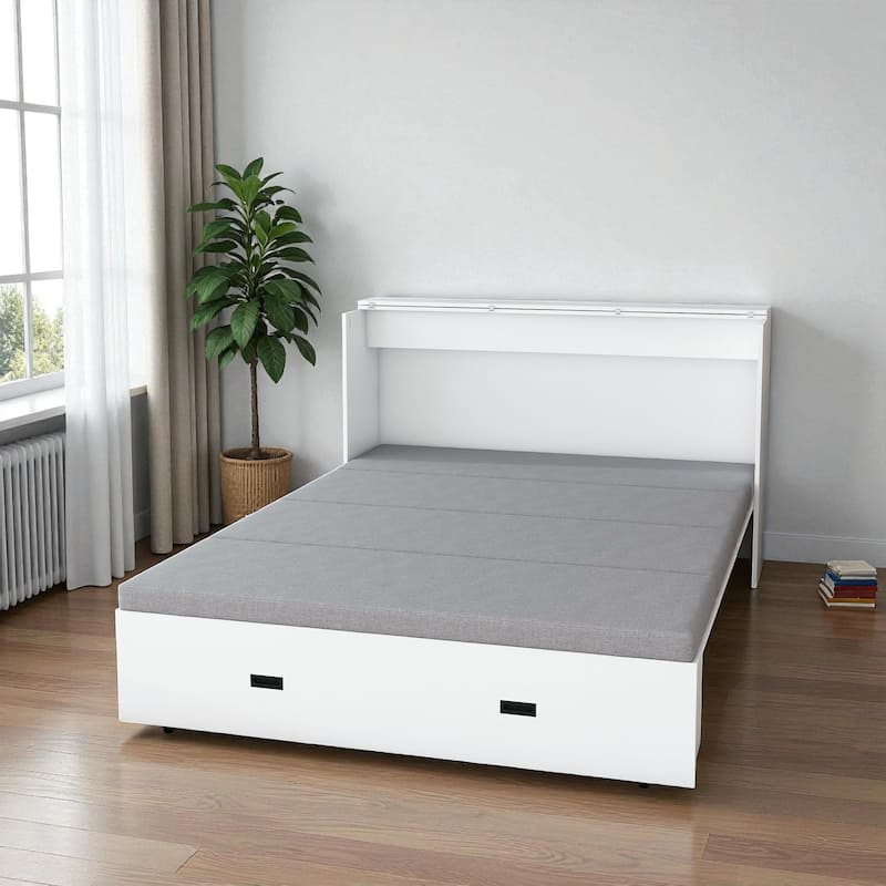 57" Murphy Bed with Storage Drawers, Charging Cabinet, Foldable Panels & Lockable Wheels, Full Size Wall Bed for Guest Room