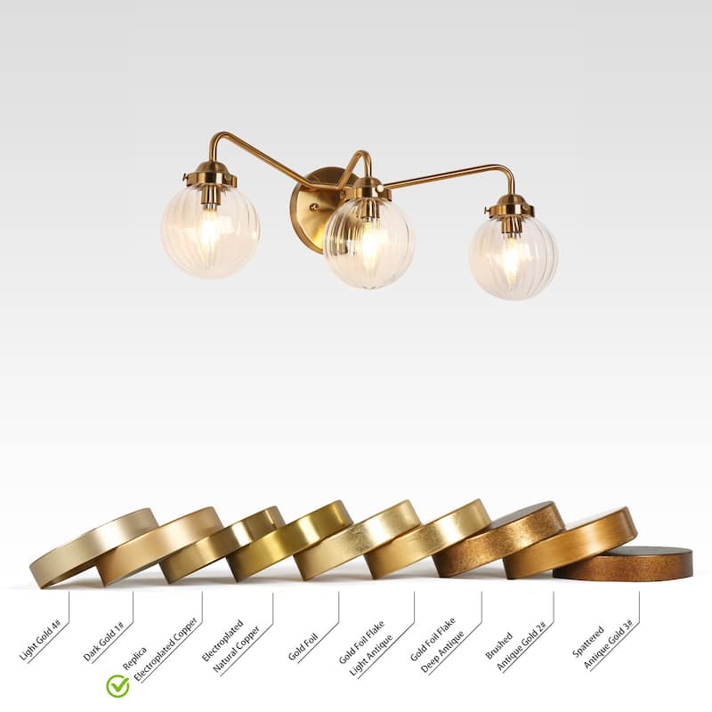 Modern Gold 3-Light Bathroom Vanity Lights Pumpkin Globe Glass Wall Sconces - 22"Lx6.8"Wx7.4"H