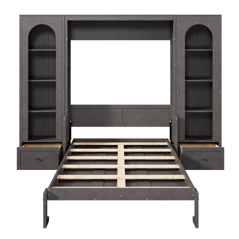 GDFStudio - Modern Wooden Queen Murphy Platform Bed with Side Cabinets, Drawers and LED