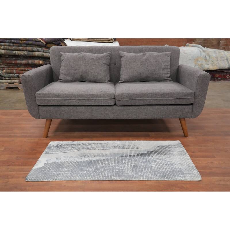 Hand Knotted Oriental Viscose Silk Carpet Modern All-Over Greys & Charcoal Abstract Area Rug - 4' 0'' X 2' 0''