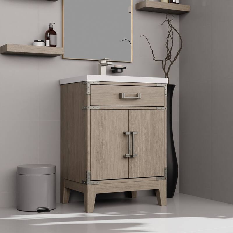 24" Bathroom Vanity with Acrylic Top, 18" Frameless Mirror, and Chrome Gooseneck Faucet for Modern Bathrooms