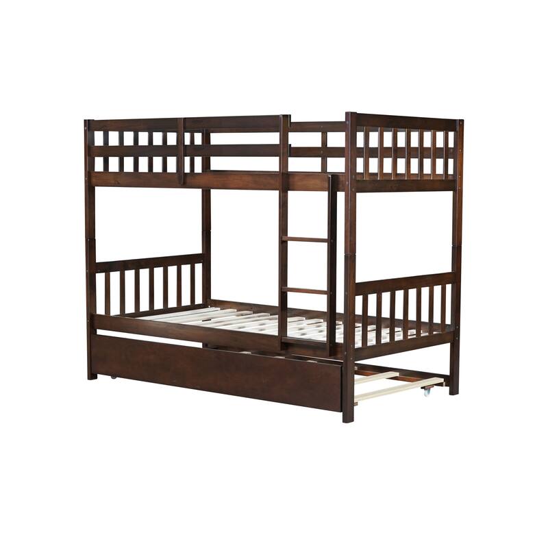 Roomfitters Twin Over Twin Rubber Wood Bunk Bed with Trundle, Convertible to Two Twin Beds, Ladder and Guardrails