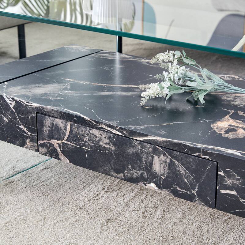 43.3 Inch Double Layer Coffee Table Storage Side Table with Open Storage Shelves, Drawers Glass Center Table End Table