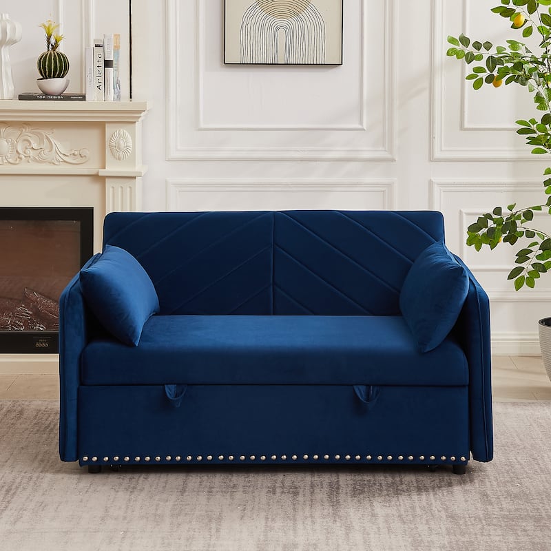 Comfortable 2 Seater Love Seat Couches with Side Storage Pockets, Accent Sofa with 2 Pillows, Velvet Upholstered Settee - Blue