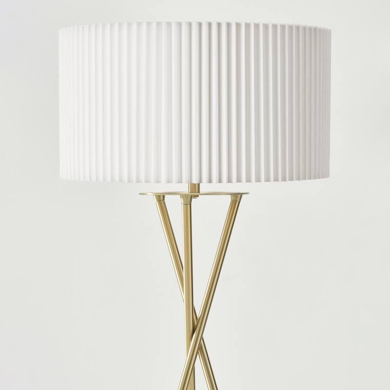 Brightech Jaxon 60 in. Antique Brass Tripod Super Bright LED Midcentury Modern Floor Lamp with White Fabric Drum Shade