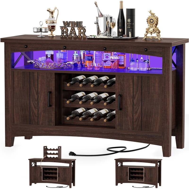 Farmhouse 47" Wine Bar Cabinet with Power Outlets & LED Lights, Industrial Coffee Bar Liquor Cabinet with Shelves & Wine Rack