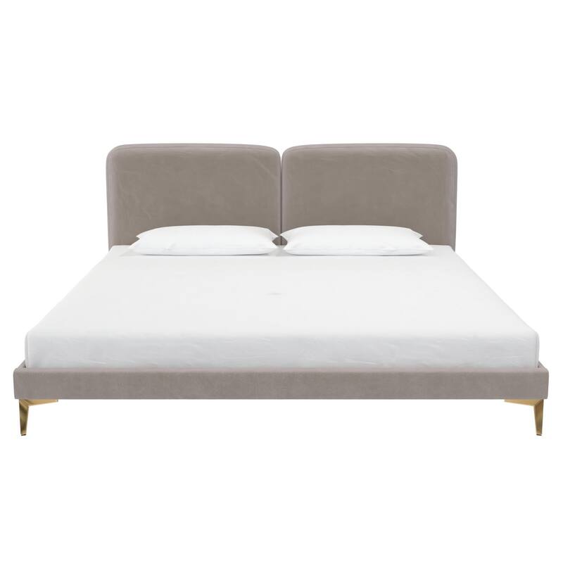 Velvet Upholstered Platform Bed with Foam-Padded Headboard, Modern Metal Legs, King Size