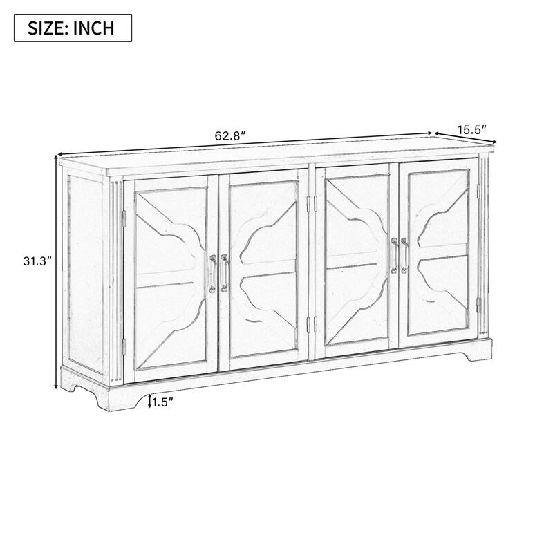 Wooden Sideboard with Metal Handles, Storage Cabinet with 4 Pine Door