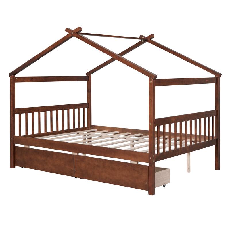 Full Size Wooden House Bed with 2 Drawers, Pinewood Frame, Kids Daybed, No Box Spring Needed