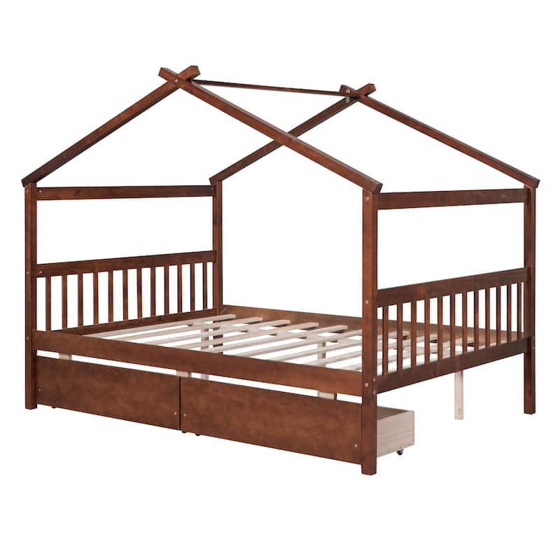 Full Size Wooden House Bed with Drawers, Gray