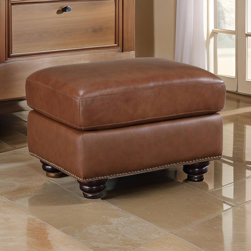 Boro 28 Inch Ottoman, Rich Brown Top Grain and Faux Leather, Solid Wood