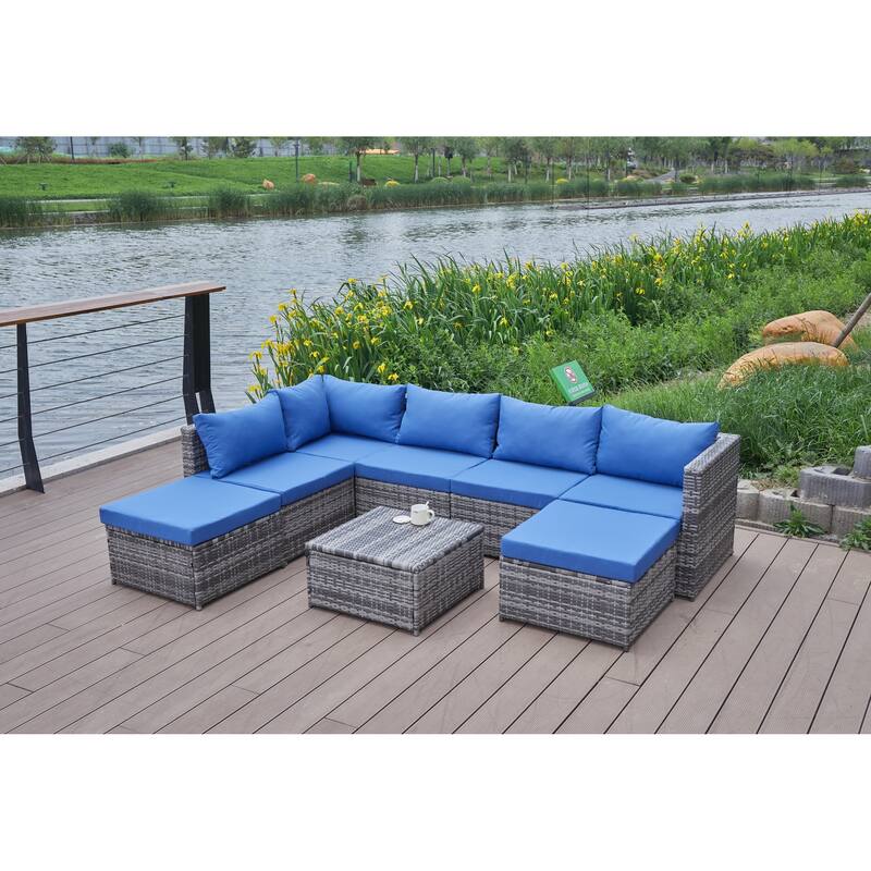 8 Pcs Patio Sectional Sofa Set, All-Weather Outdoor PE Rattan Wicker Conversation Furniture Set with Cushions and Tea Table