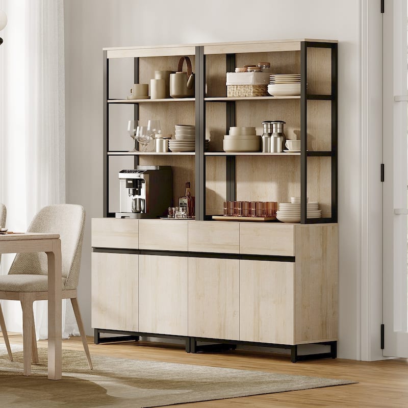 WAMPAT Modern 72" Tall Bookcase with Metal Base and Adjustable Shelves, Library Book Shelf with Storage Cabinet - 2 Piece - Beige