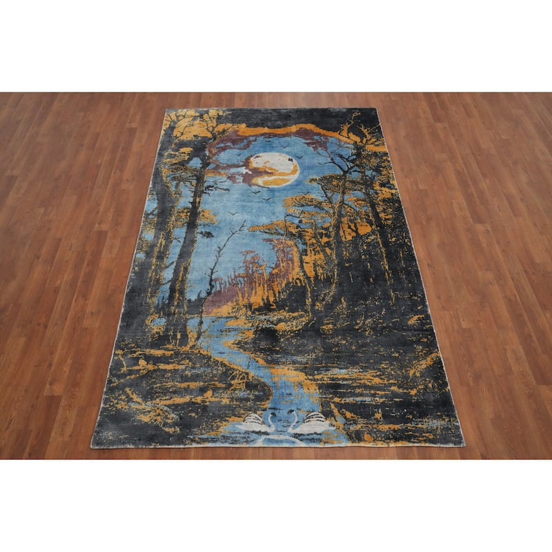 Hand Knotted Oriental Viscose Silk Carpet Modern Pictorial Navy Blue & Blues Abstract Area Rug - 8' 0'' X 5' 0''
