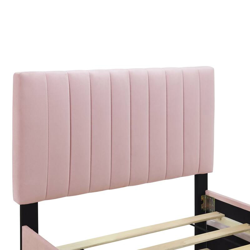 Twin Size Upholstered Platform Bed with Twin Size Trundle, Velvet Bed Frame with Headboard and Footboard, No Box Spring Required