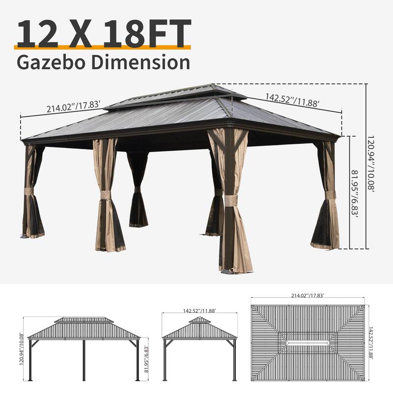12' X 18' Hardtop Gazebo with Drainage System, Galvanized Steel Roof, Curtains, and Netting for Outdoor Living