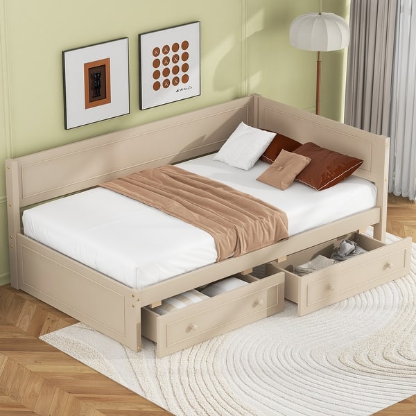 slide 2 of 30, Twin Size Daybed with 2-Storage Drawers and Guardrail, Solid Pine Frame, No Box Spring Required, Beige Vintage Style for Bedroom Beige
