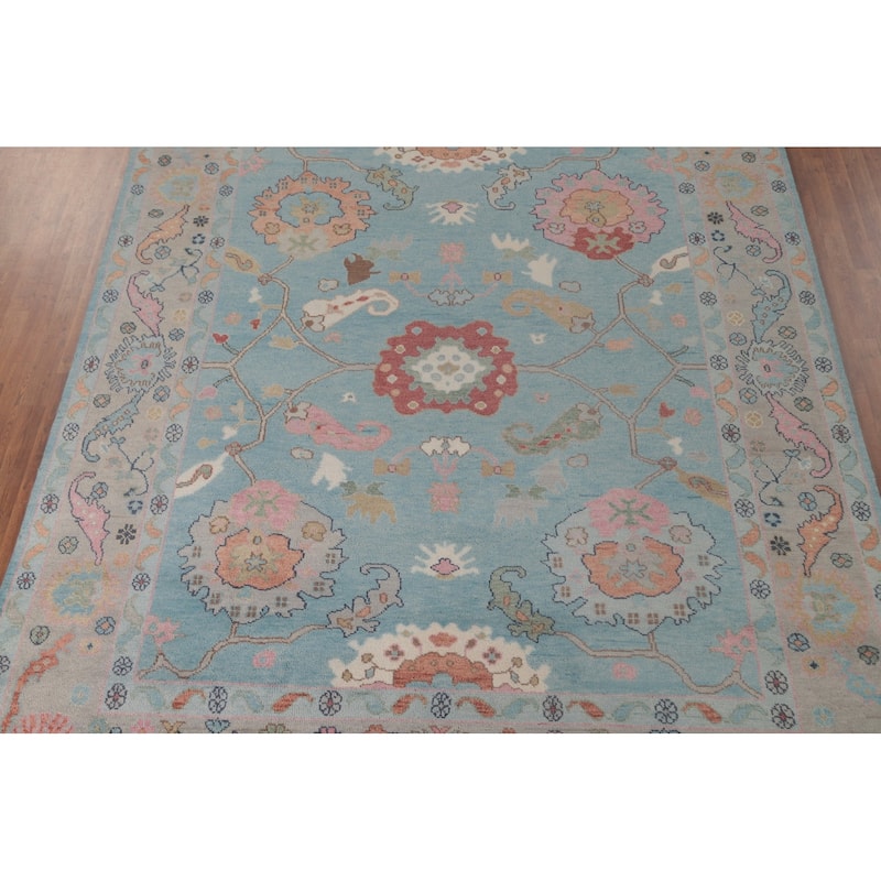 Light Blue Floral Oushak Oriental Area Rug Hand-Knotted Wool Carpet - 8'11" x 11'8"