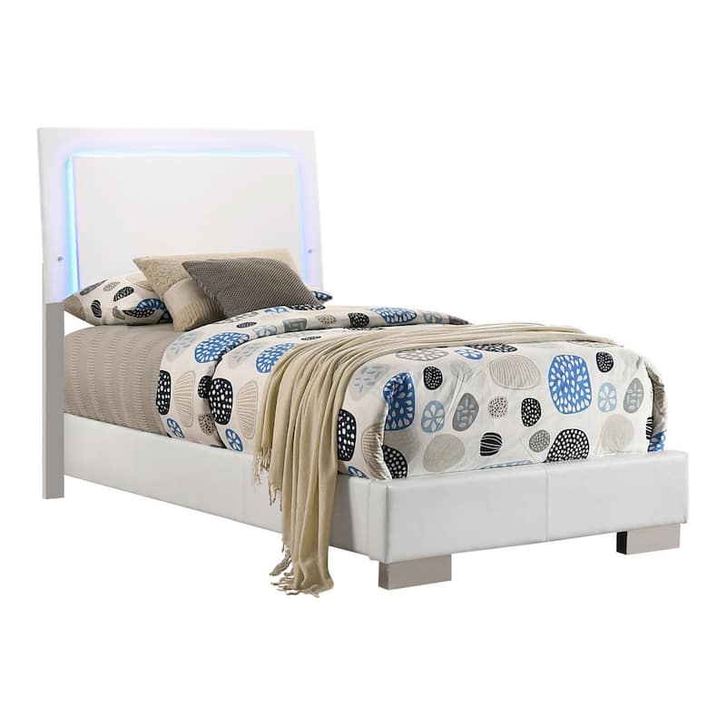Sok Twin Panel Bed with LED Headboard, Low Profile Footboard, Glossy White