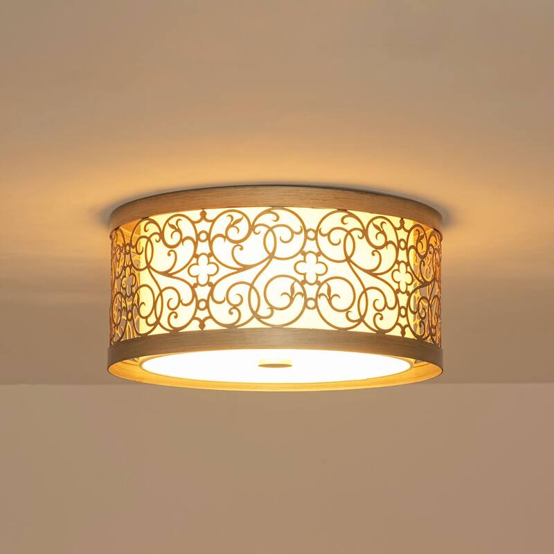 2-Light Mid-Century Modern Unqiue Handcrafted Sunset Gold Flush Mount Light with White Fabric Shade for Living Room & Bedroom