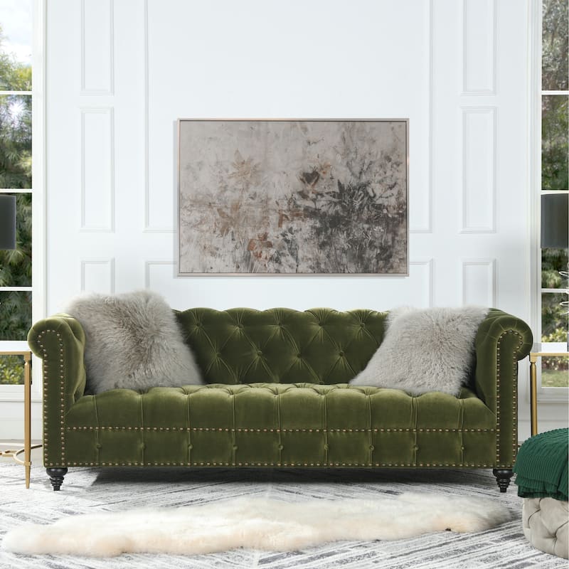 Alto 88" Mid-Century Tufted Rolled Arm Velvet Chesterfield Sofa - Olive Green Performance Velvet