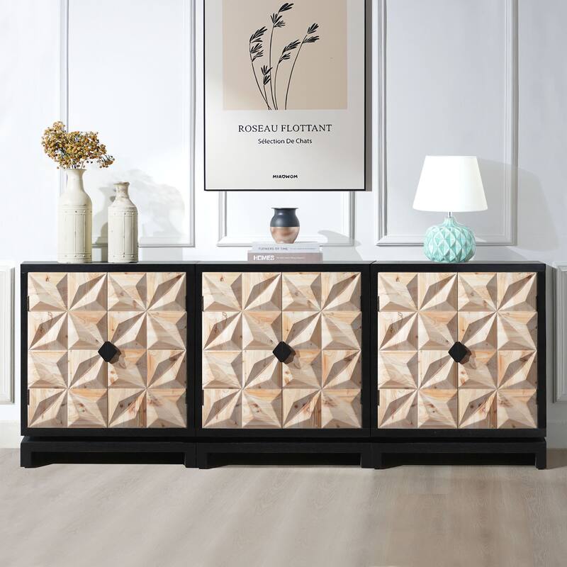 3D Geometric Carved Double-Door Cabinet - Manufactured Wood Storage Cabinet, Modern Decorative Furniture